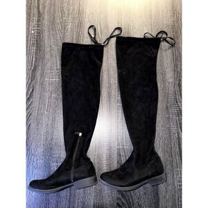 Shoeland Black Faux Suede Over Knee OTK Flat Boots Women 6 Thigh High Zip